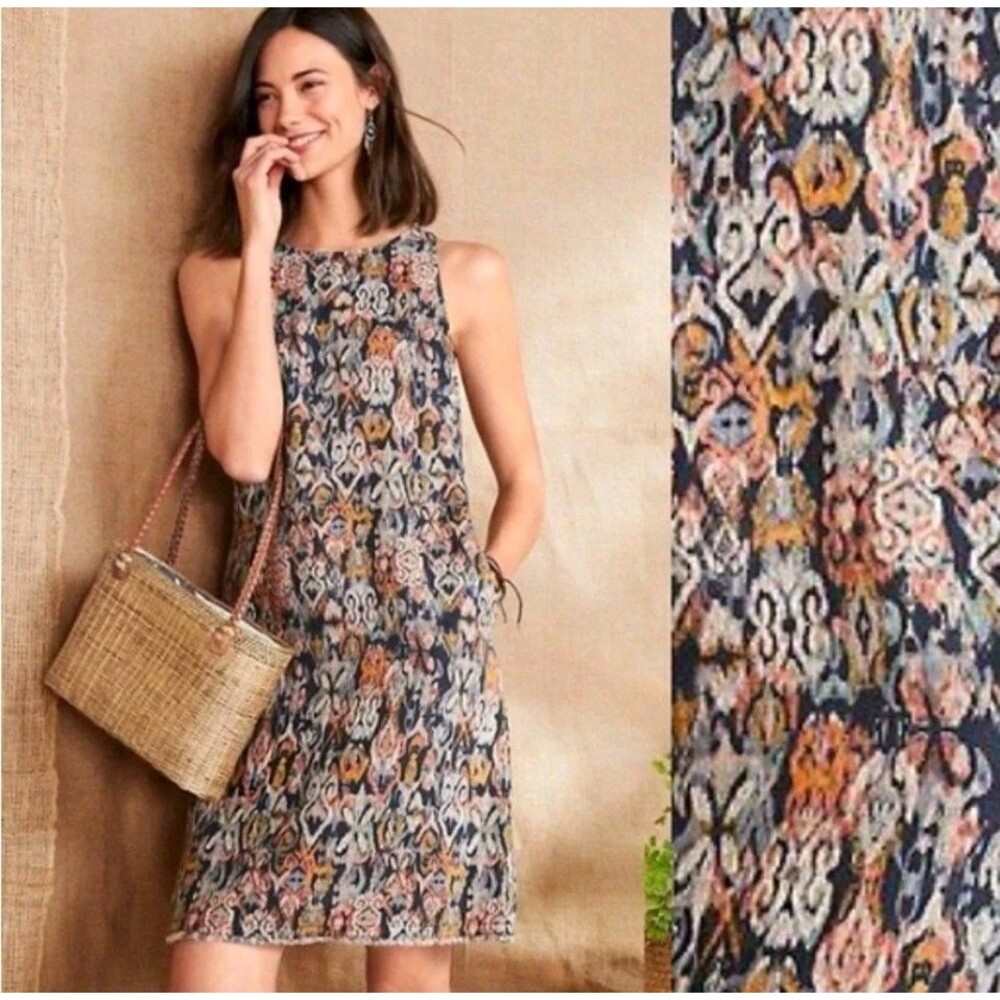 Garnet Hill Ikat Tribal Batik Fringe Linen Dress 16